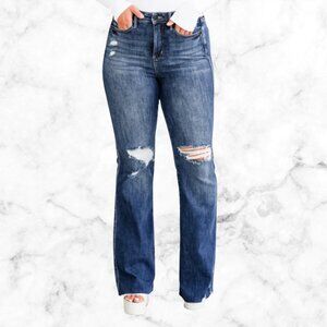 JUDY BLUE Amelia Dark Wash Tummy Control Flare Jeans 16W Raw Hem